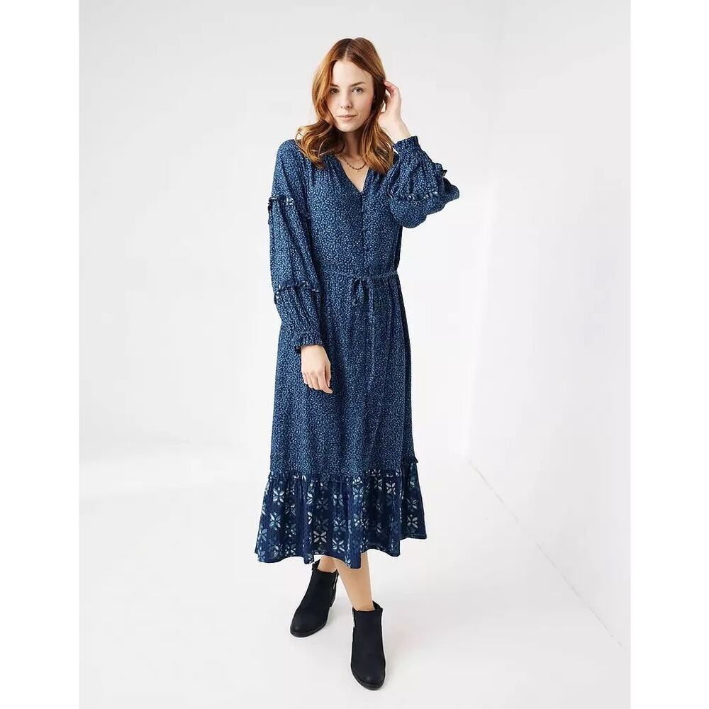 Fat Face Cora Blue Indigo Floral Size 14 Tiered Long Sleeve Woodblock Midi Dress